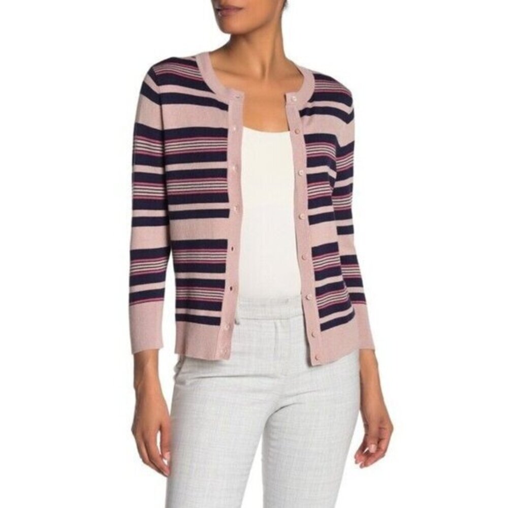 Halogen Striped Crew Neck Cardigan Sweater Knit Top Pink Navy SZ SP NWT